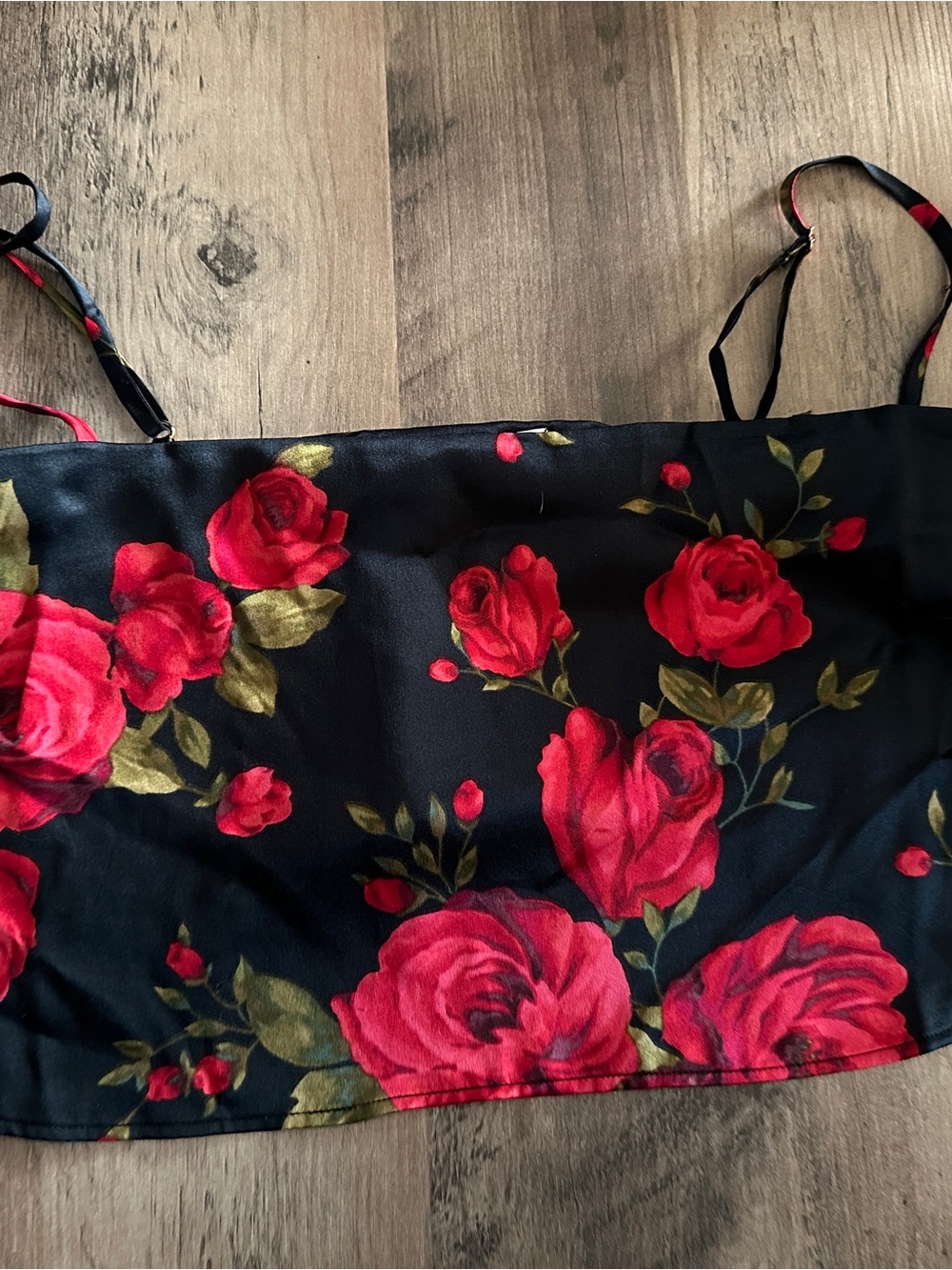 Victoria's Secret Black Satin Bandeau with Red Rose Print